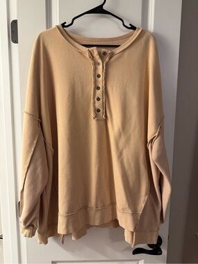 Women’s Beige Button Henley Sweatshirt Top
